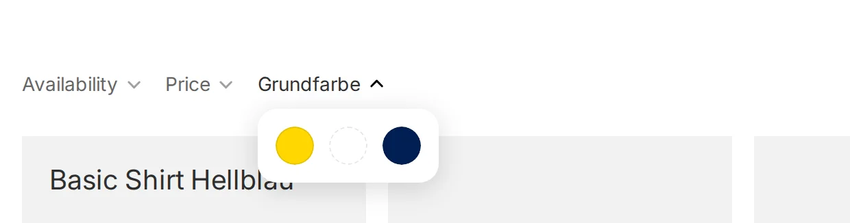 Filterleiste einer Kollektion im Theme Horizon: der Filter „Grundfarbe“ ist aufgeklappt und zeigt drei Farbfelder — Gelb, ein leeres Feld für Mehrfarbig und Navy
