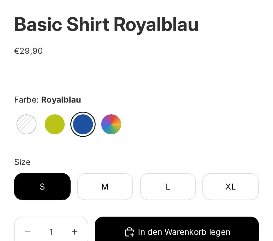 Produktseite im Shopify-Theme Horizon: unter Titel und Preis „Farbe: Royalblau“ und vier Farbpunkte — schraffiert, Limette, Royalblau mit Ring als eigene Farbe, Mehrfarbig als Farbkreis; darunter die Größen