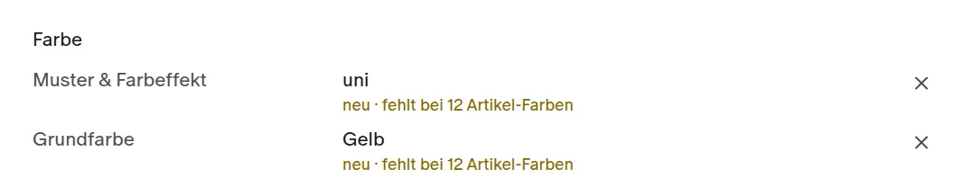 Produktseite im B2B-Shop, Gruppe „Farbe“: „Muster & Farbeffekt: uni“ und „Grundfarbe: Gelb“, beide neu gesetzt, je mit „neu · fehlt bei 12 Artikel-Farben“