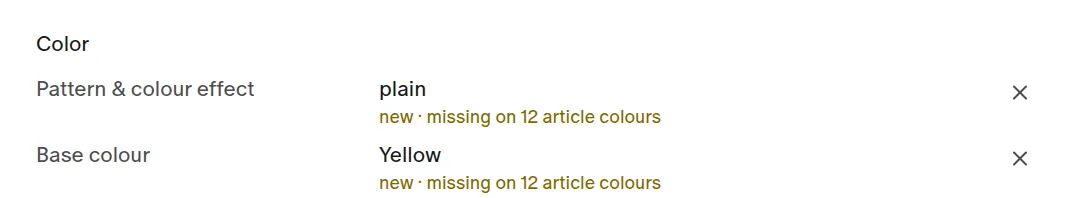 Product page in the B2B shop view, group “Color”: “Pattern & colour effect: plain” and “Base colour: Yellow”, both newly placed, each with “new · missing on 12 article colours”